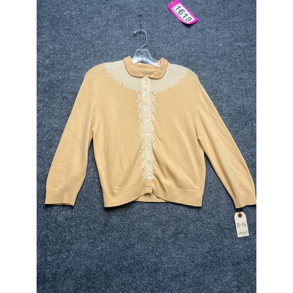 Vintage 50s Womens Cardigan Sweater Yellow Peter Pan Collar Button Front Retro